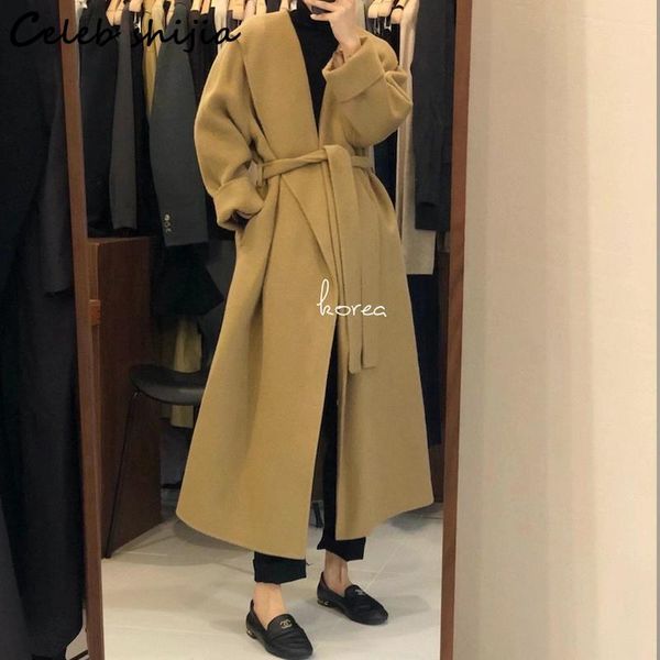 

women's wool & blends vintage hooded long coat woman khaki thicken oversized winter autumn jacket belt streetwear lace up outerfit, Black