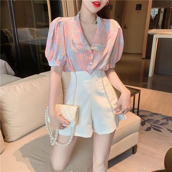 

women's tracksuits korean chiffon shirt+high waist suit wide leg shorts chic two-piece set ensemble femme deux pieces year-old female c, Gray