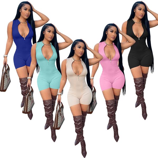 

wholesale summer rompers women knitted ribbed jumpsuits sleeveless zipper playsuits casual solid bodycon overalls bulk items 6987, Black;white
