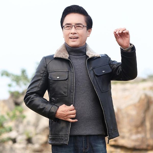 

men's leather jacket winter fashion retro warm flight fur bomber jacker coats men overcoat & faux, Black