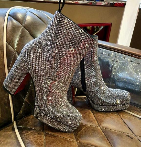

famous design stage strass red bottom ankle boots women booty rhinestone leather chunky heels ladies bottes luxurious brands red-sole bootie, Black