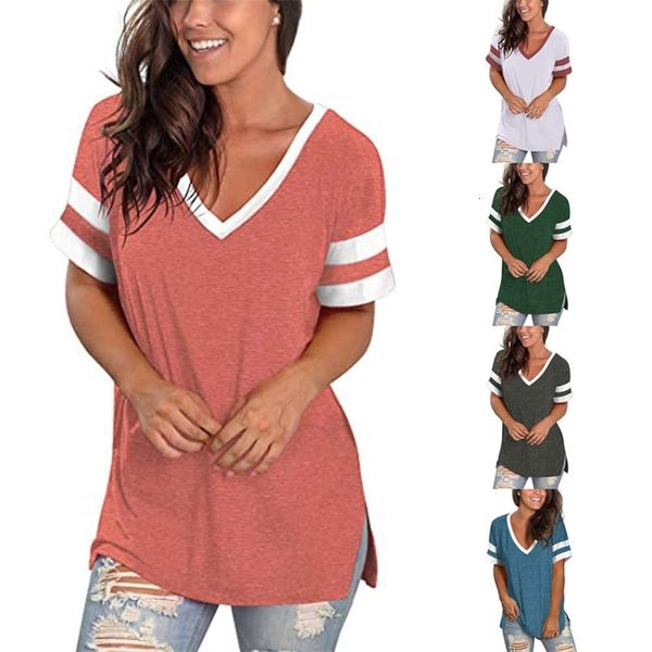 

t-shirt women's 2021 spring and summer v-neck stitching contrast short sleeve split relaxed axhq, White