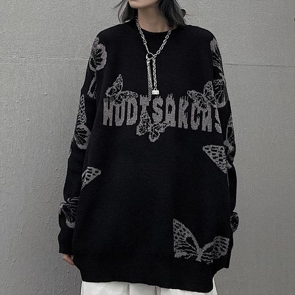 

harajuku gothic butterfly jacquard oversized womens sweater black o neck knitted for women and man loose streetwear, White;black