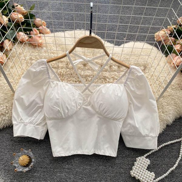 

crop halter with chest pad slim all-match puff sleeve lining women's shirt t-shirt, White
