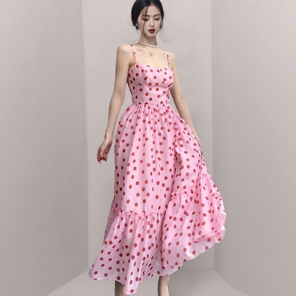 

summer french sweet temperament female strapless pink polka dot chiffon sling beach fairy long dress vestidos 210518, Black;gray