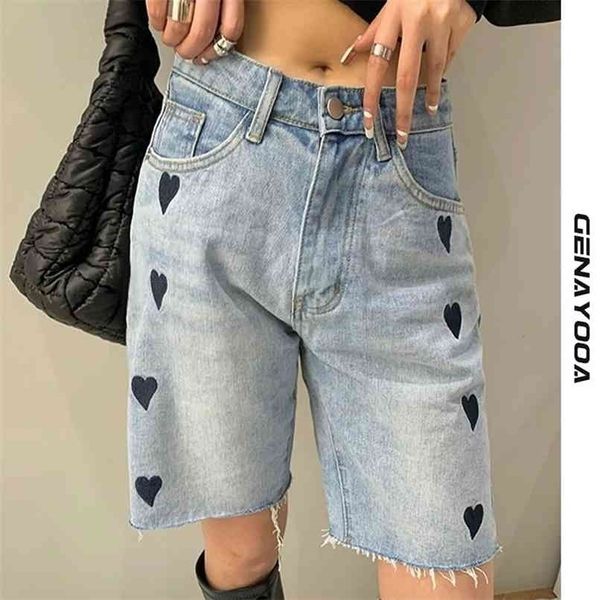 

genayooa streetwear denim shorts women print heart chic high waist biker jeans feminino summer korean style ladies 210724, White;black