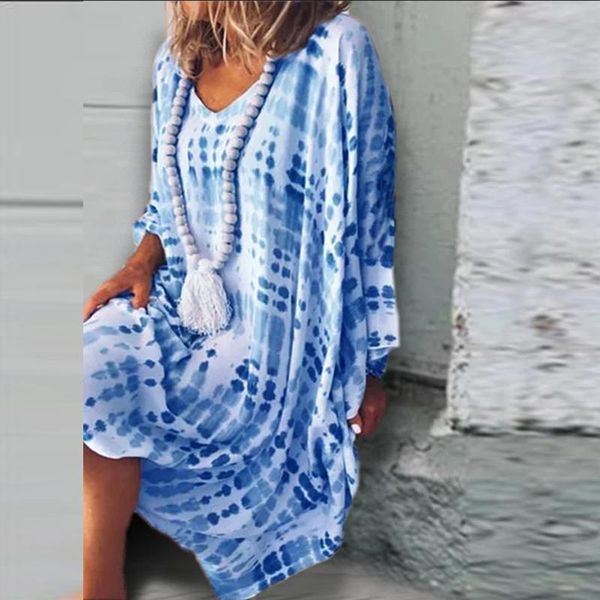 

vintage maxi dress retro tie dye printing long sleeve v neck sundress casual loose baggy party dresses ladies girls vestido robe, Black;gray