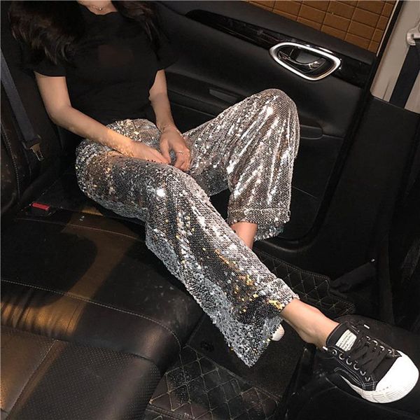 

shinning sequins leggings bright color women pants silver elastic waist legwear street fashion girls paillette trousers pant dropship, Black;white