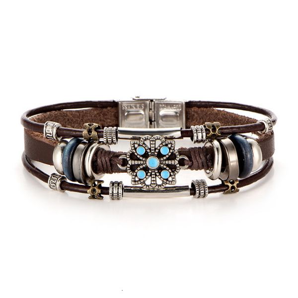 

artificial leather bracelet innovative punk style flower inlaid turquoise men's leather bracelet, Silver