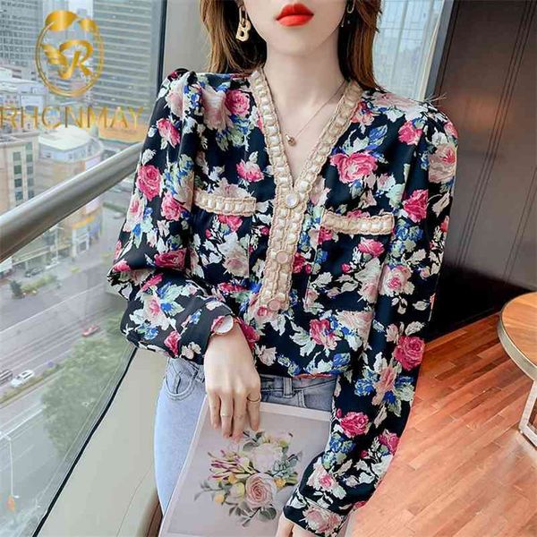 

vintage flower women long sleeve blouse arrivals spring summer shirt chic fashion v neck blusas office lady outwear 210520, White