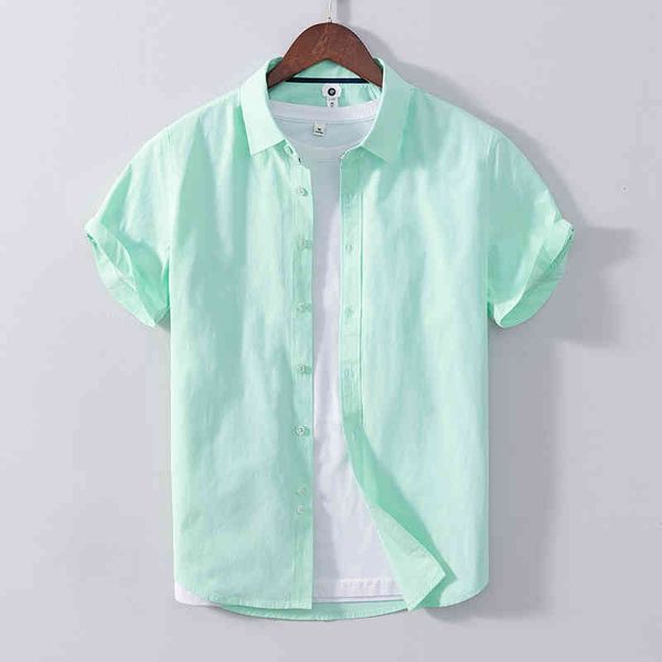 Camicia a maniche corte verde per uomo Colletto rovesciato in puro cotone Top casual Maschile Estate Nuovo abbigliamento classico tinta unita 210421