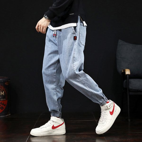 

mens harem pants denim jeans fashion washed jeans for men elastic waist drawstring denim pants plus size, Blue