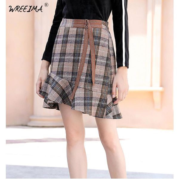 

skirts wreeima women wool skirt fashion 2021 plaid party irregular high waist mini short ladies's casual winter vintage bottoms, Black