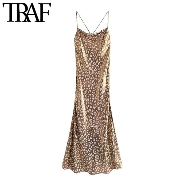 

traf women chic fashion leopard print soft touch midi camisole dress vintage backless thin straps female dresses mujer 210701, Black;gray