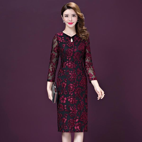 

dresses with embroidered cheongsam hollow out v-neck office lady floral 4xl plus size design women dress rh480 casual, Black;gray