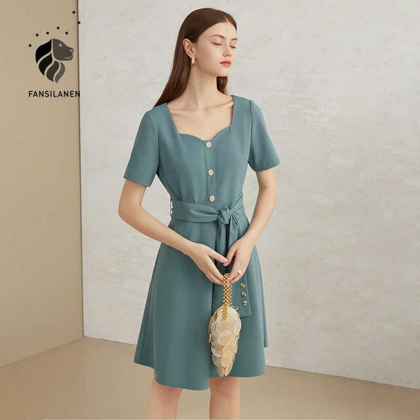 

fansilanen elegant bandage office black dress women short sleeve blue vintage summer square collar slim party 210607, Black;gray