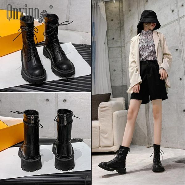 

boots qnvigo women elastic 2021 spring autumn winter all-match middle rear zipper 41-43 plus size short leather, Black