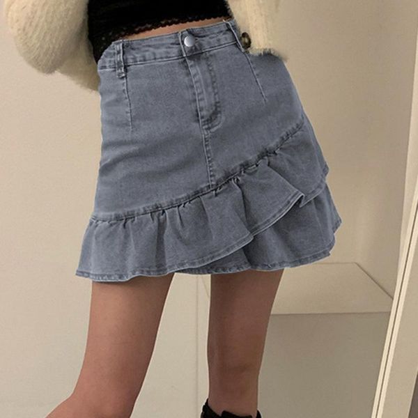 

skirts 2021 niche personality irregular ruffled mini denim skirt with lining high waist aesthetic retro skinny sexy, Black