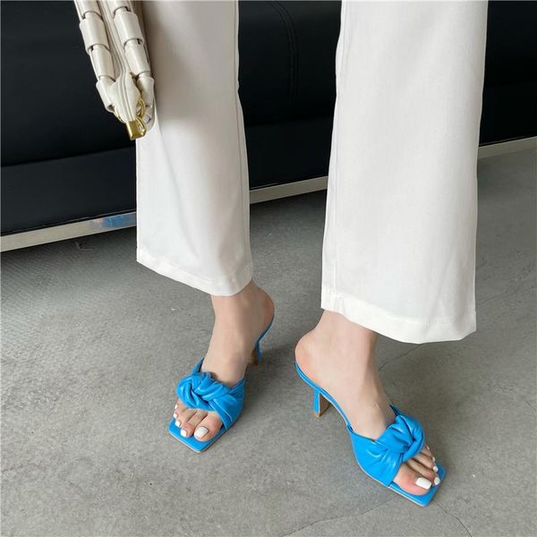 

bow women slippers open toe shallow high heels slides pumps blue/brown/white slip on mules shoes casual size 35-39, Black