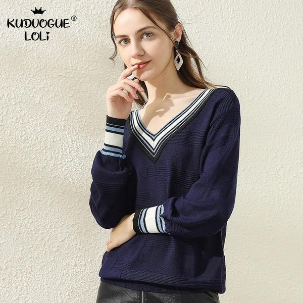 

women's sweaters england style vintage women sweater striped v-neck slim lazy knitwear knitted pullover loose large size autumn spring, White;black