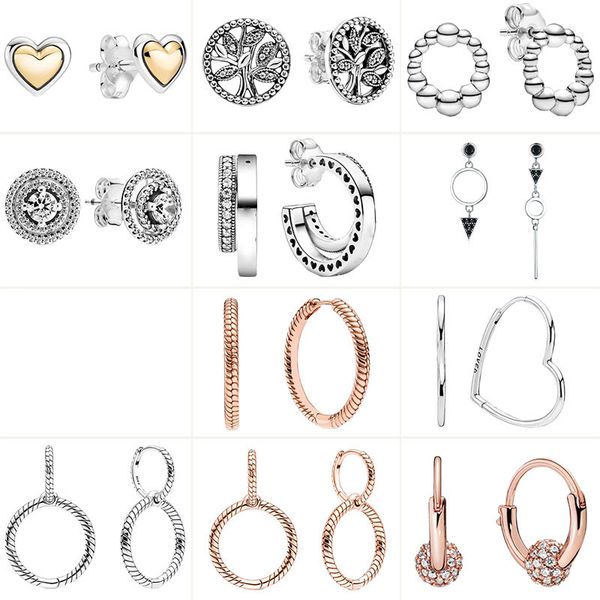 

925 sterling silver pendientes round heart shaped stud earrings for women fit original charms diy fine jewelry gift, Golden;silver