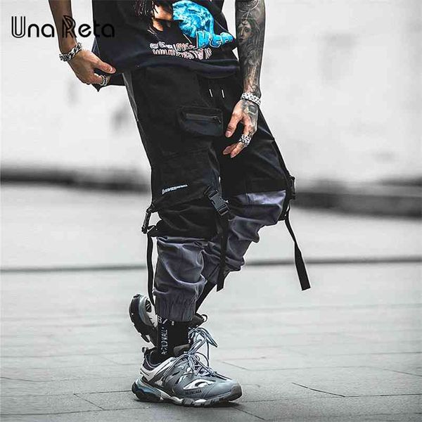 

una reta man pants fashion streetwear stitching color joggers hip hop long men elastic waist cargo 210715, Black