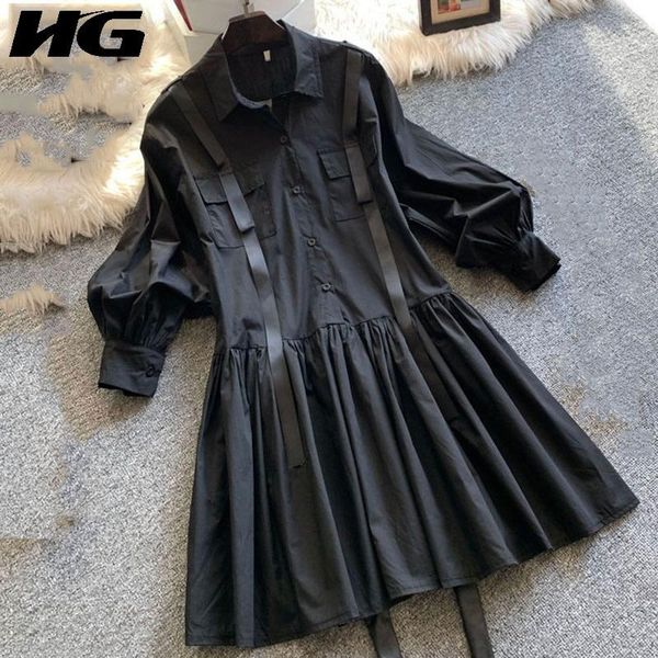 

casual dresses hg patchwork draped ribbons dress women trendy fashion style turn down collar long lantern sleeve pocket zxr1106, Black;gray