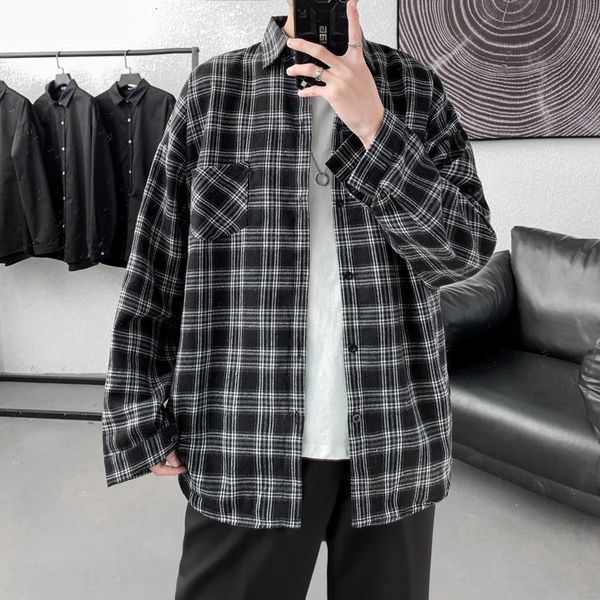 

shirts spring and autumn plaid men's fashion retro casual shirt men streetwear korean loose long sleeve shirts mens -3xl, White;black