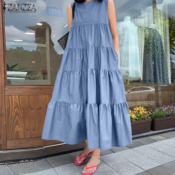 

casual dresses 2021 summer fashion solid bohemian sundress zanzea sleeveless tank dress women ruffles vestidos female plus size robe, Black;gray
