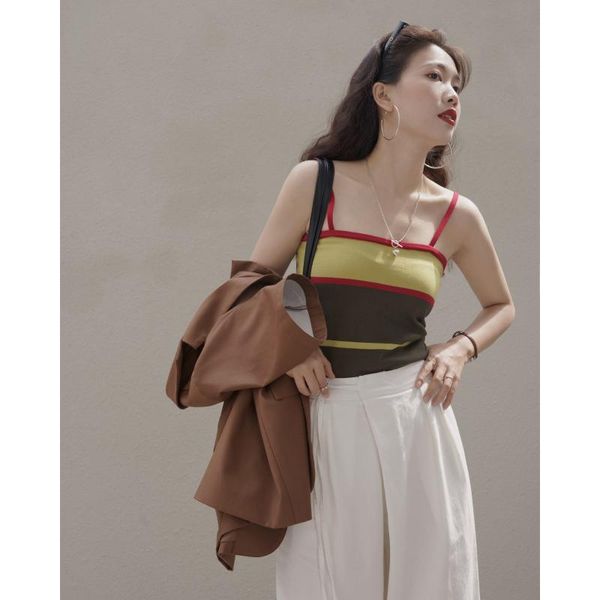 

women's tanks & camis oyanxi contrasting color stretch knit camisole 2021 summer design feeling niche base outer wear, White