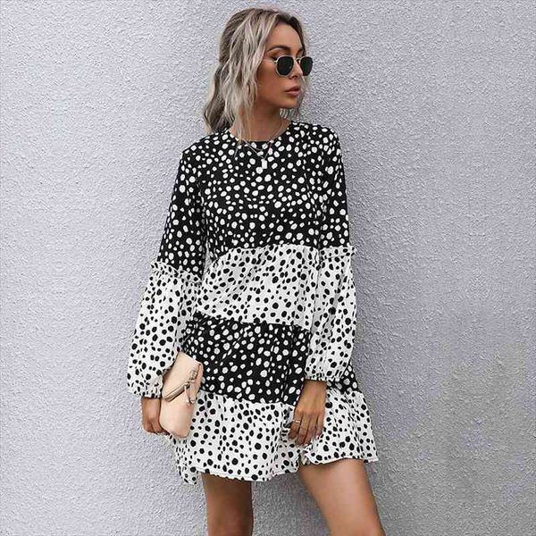 

chiffon french polka dot women dresses long sleeve fall round neck black and white loose vestidos, Black;gray