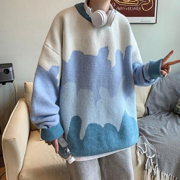 

men's sweaters oversized mens knitted sweater men patchwork jumper pullover hip hop harajuku casual white, White;black