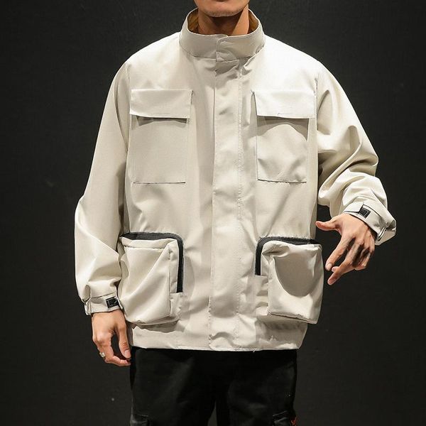 

big pockets streetwear bomber jacket men cargo 2021 autumn winter solid windbreaker outwear coat men's jackets, Black;brown