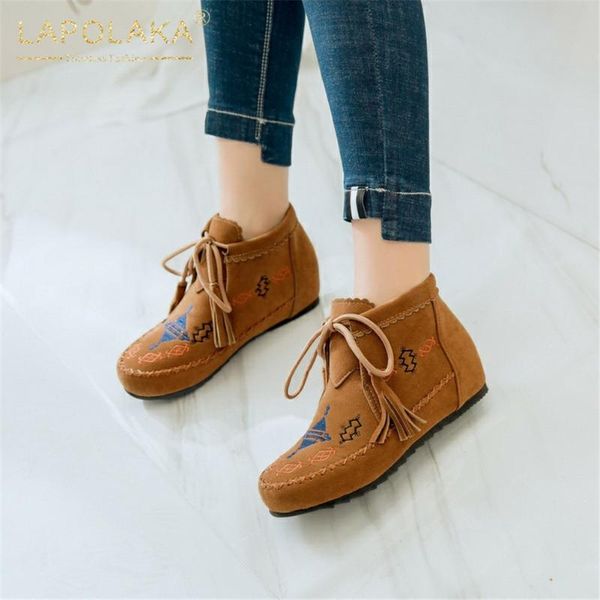 

boots lapolaka 2021 height increasing embroidery shoes woman booties female lace up platform comfy autumn winter, Black
