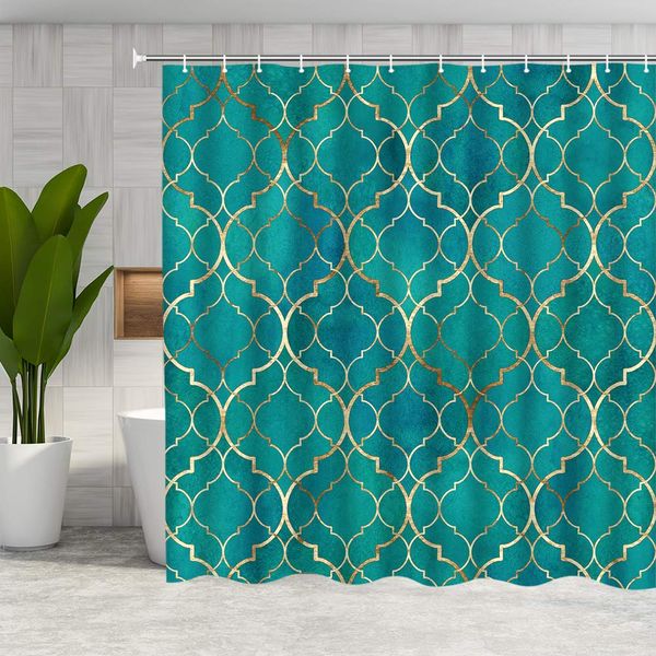 

blue shower curtain golden wavy texture bathroom curtain fabric bathroom accessories polyester with hooks