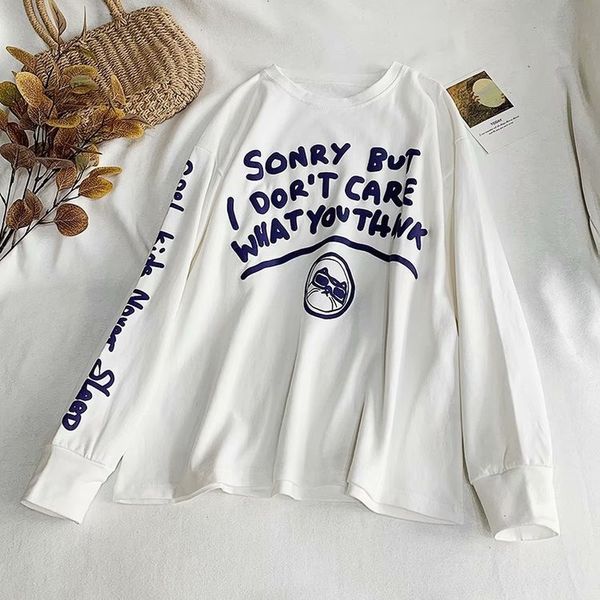

women's t-shirt fashion high-quality simple casual letters cat long-sleeved loose bottoming shirt t-shirt zbs8, White