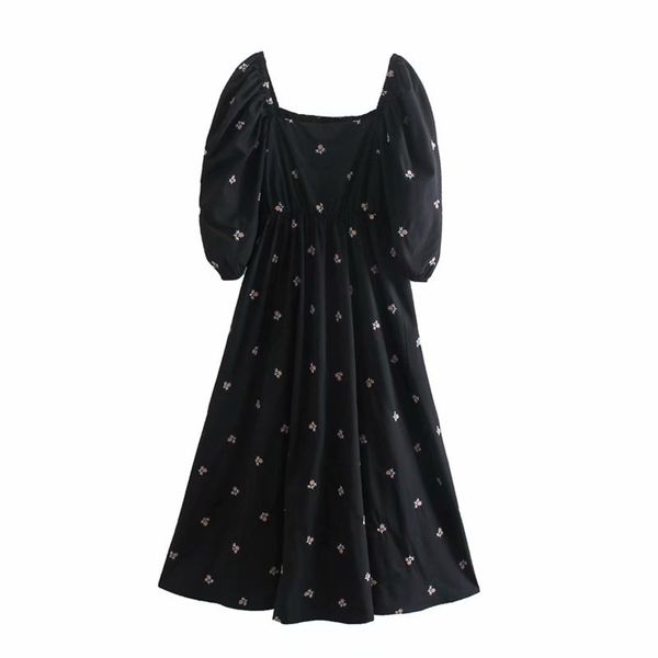 

casual woman black square collar embroidery long dress summer fashion ladies puff sleeve dresses female sweet 210515, Black;gray