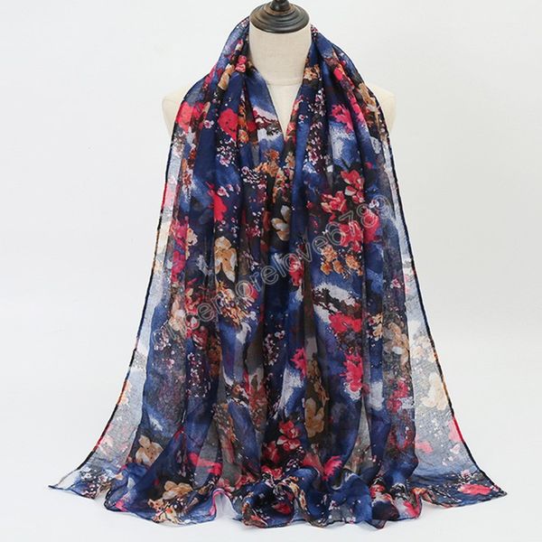 

fashion printed floral scarf viscose hijabs ladies flower shawls muslim new arrival oversize wraps autumn headband, Blue;gray