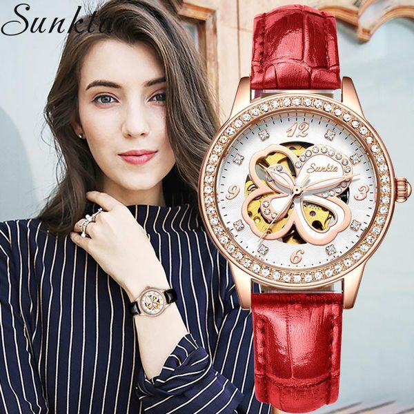 

wristwatches relogio feminino sunkta automatic mechanical watch women fashion rhinestone hollow design leather strap waterproof clock, Slivery;brown