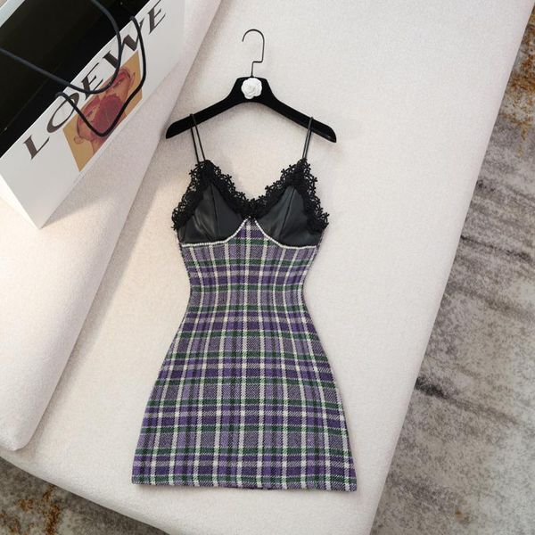 

casual dresses 2021 summer sling sleeveless v-neck lace edge high waist studded a-line dress 0323, Black;gray