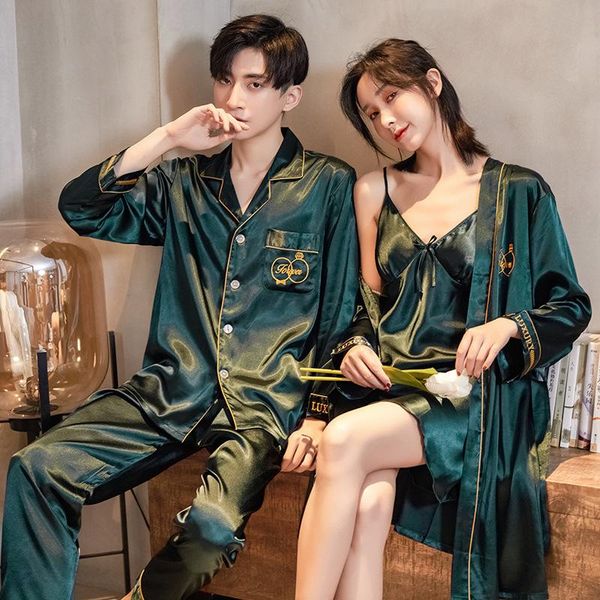 

men's sleepwear couple satin 2pcs women robe set men pajamas long sleeve sleep lovers pijamas spring summer home clothing, Black;brown