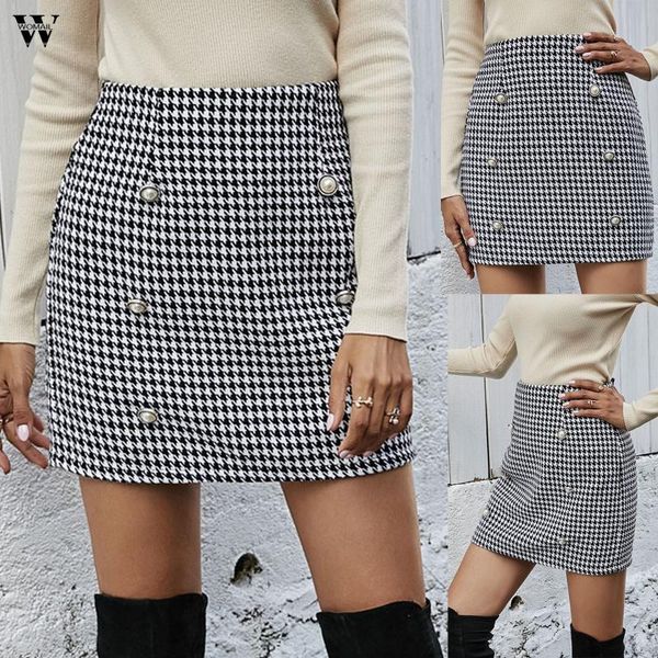 

skirts womail double breasted houndstooth print mini womens black and white elegant high waist a-line women skirt zip back 2021