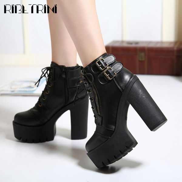 

boots ribetrini elegant girl lace up buckle block heel fashion shoes spring round toe ankle women platform winter, Black