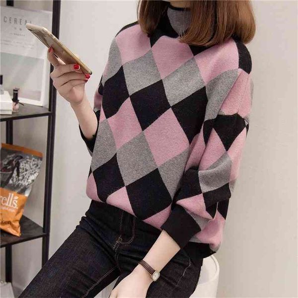 

turtleneck sweater women's pullover autumn and winter korean version of loose knitted long sleeve plaid 210427, White;black
