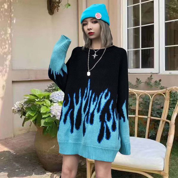 

pull femme 2021 winter autumn new loose long blue flame sweater women o-neck plus size blue female pullover womens sweater, White;black