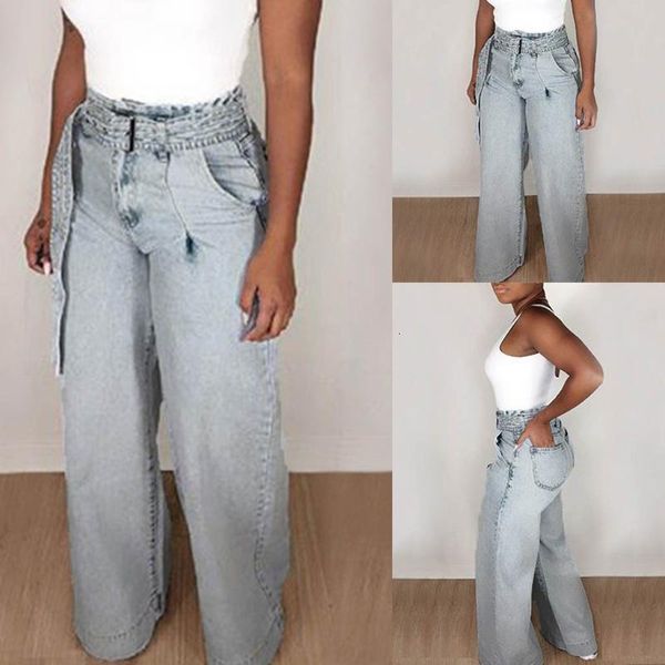 

women's jeans women winter fashion loose with belt high waist boyfriend for pockets solid mujer s10, Blue