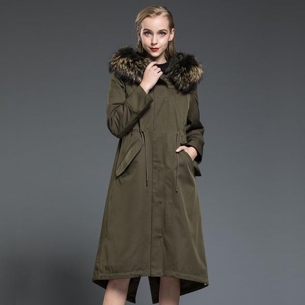 

women's fur & faux autumn winter women raccoon collar warm parkas hooded thick real coat female liner long coats a226, Black