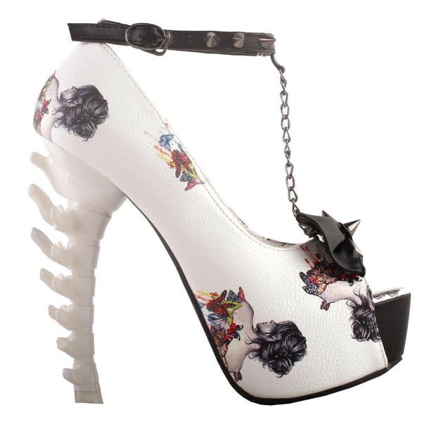 

dress shoes lf80631am beige skull rose print studs chain peeptoe bone heel pumps size 4/5/6/7/8/9, Black