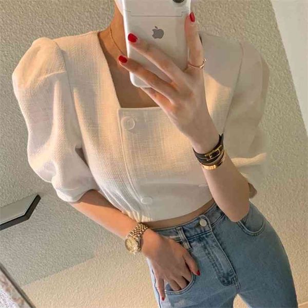 

korea fashion elegant square collar blouses vintage double breasted puff sleeve female shirts blusas chic 210519, White