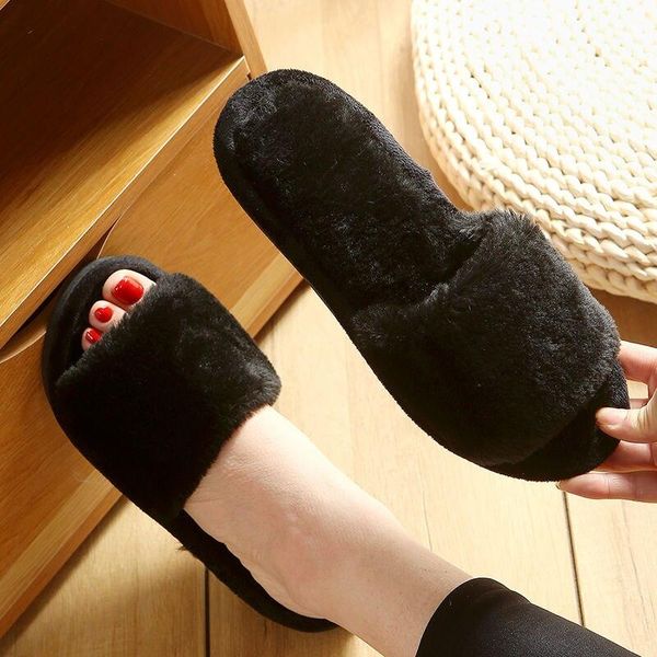 

women slippers warm plush winter fur solid soft indoor shoes flat with home thermal 2021, Black